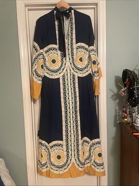 Navy and Mustard Geometric Tie-Neck Maxi Dress